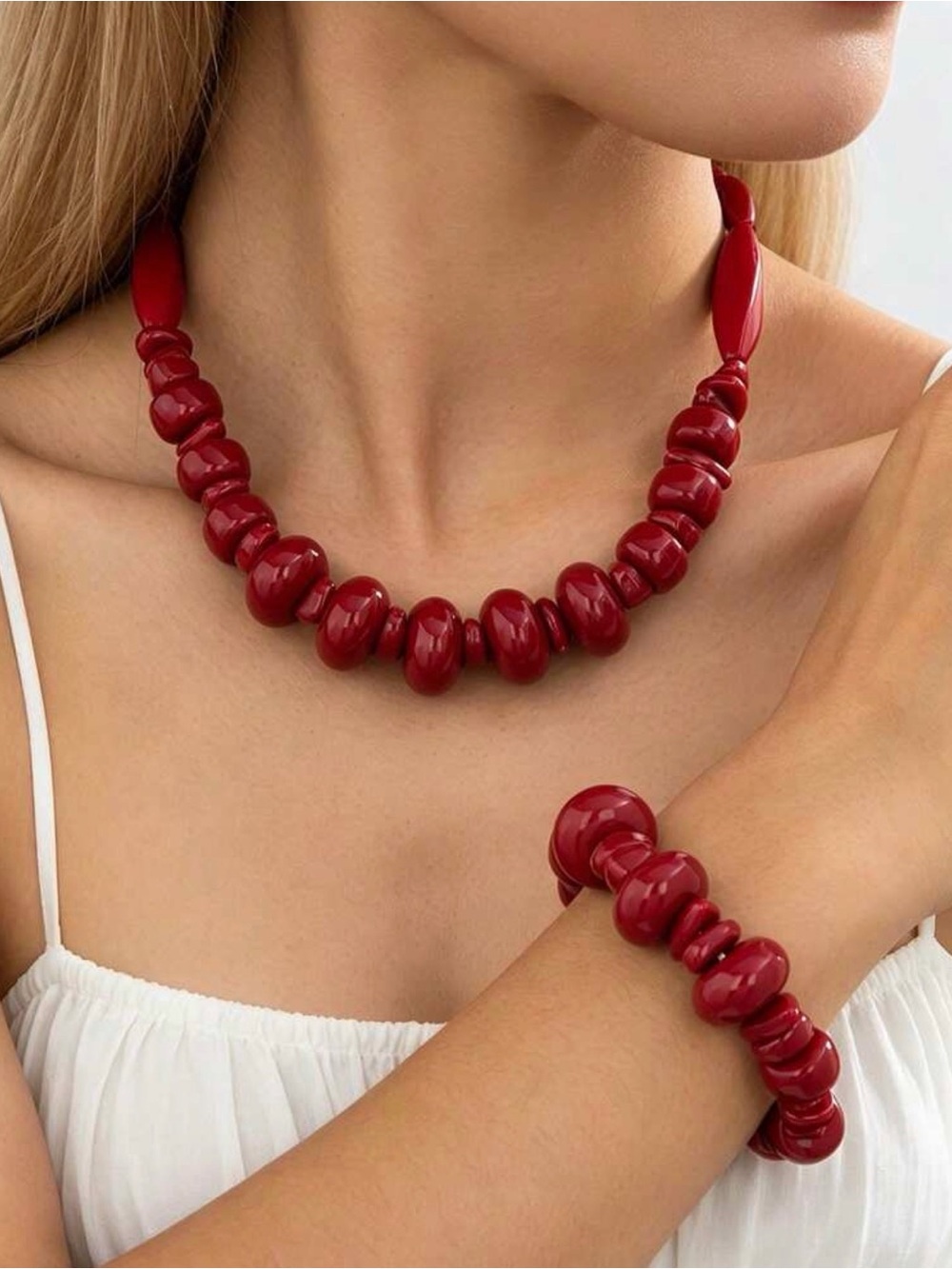 Red Beaded Necklace and Bracelet Set